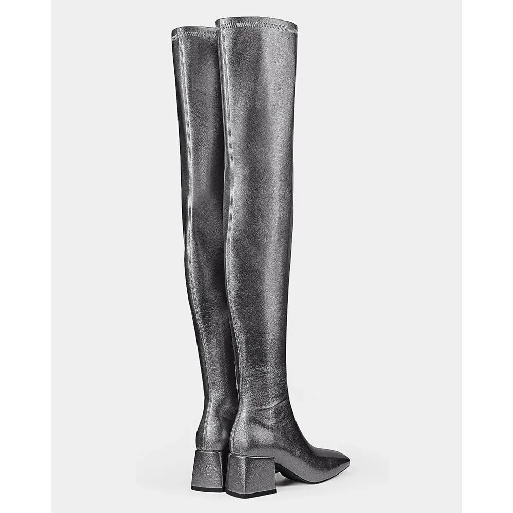 Women Grey Polyurethane Over the Knee Square Toe Block Heel Long Zipper Boots
